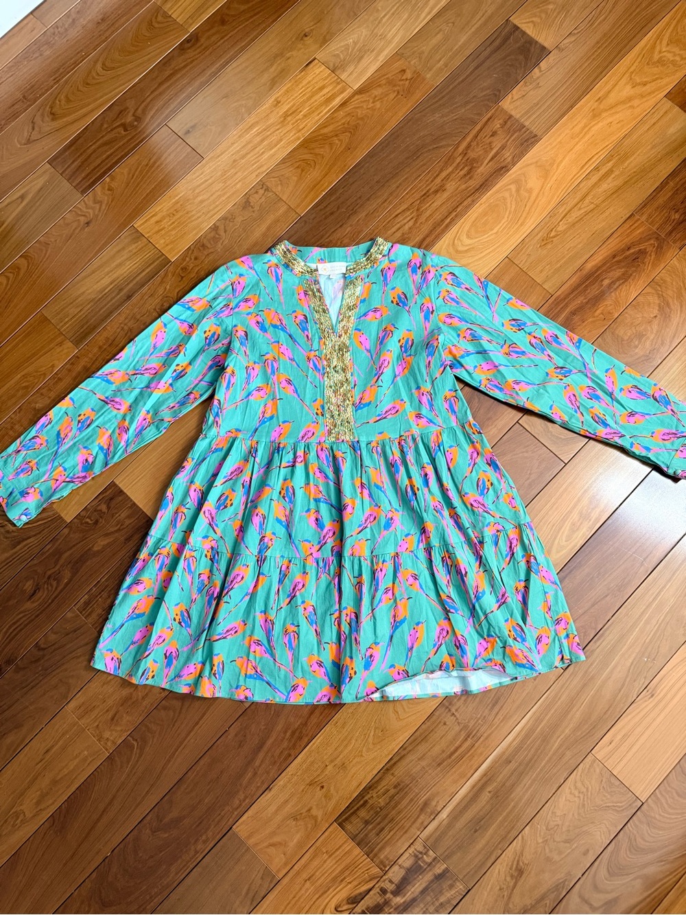 Turquoise Parrot-Print Tiered Long-Sleeve Casual Dress